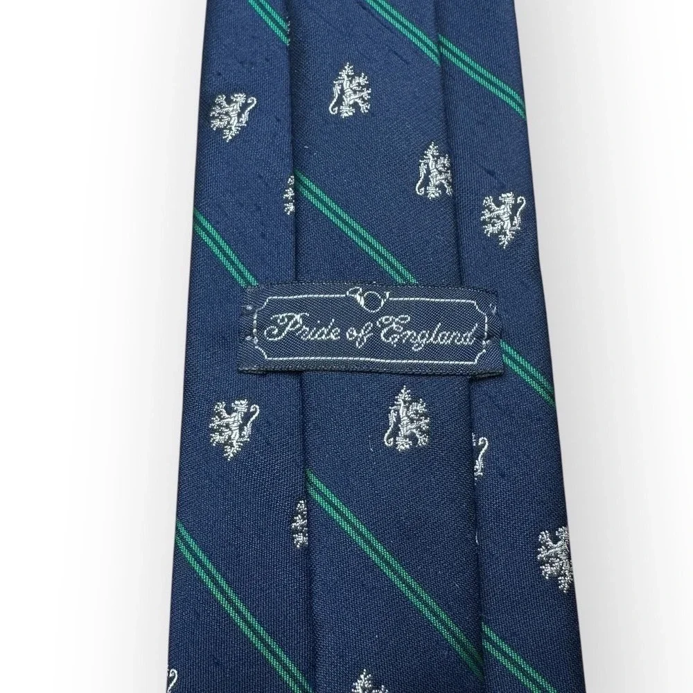 Briar Pride of England Navy Blue Rampant Lion Crest Green Stripe Silk Necktie